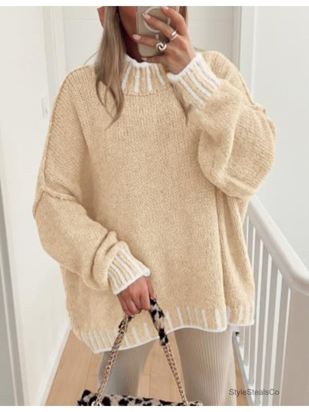 Mock Neck Oversized Pullover Sweater Chunky Knit Tunic Top Long Sleeve Loose Fit - Picture 4 of 6